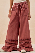 Load image into Gallery viewer, BiBi Washed Denim Wide Leg Pants with Ruffles in Washed Burgundy
