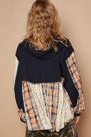 POL Mixed Fabric and Print Zip Up Hooded Top in Black