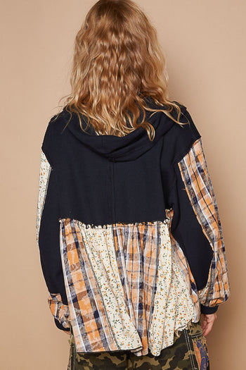 POL Mixed Fabric and Print Zip Up Hooded Top in Black