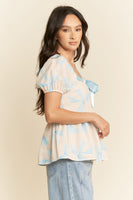 Davi & Dani Bow Print Peplum Top in Blue