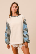 Load image into Gallery viewer, BiBi Solid Color Body Top with Striped Sleeves and Star Patches in Oatmeal
