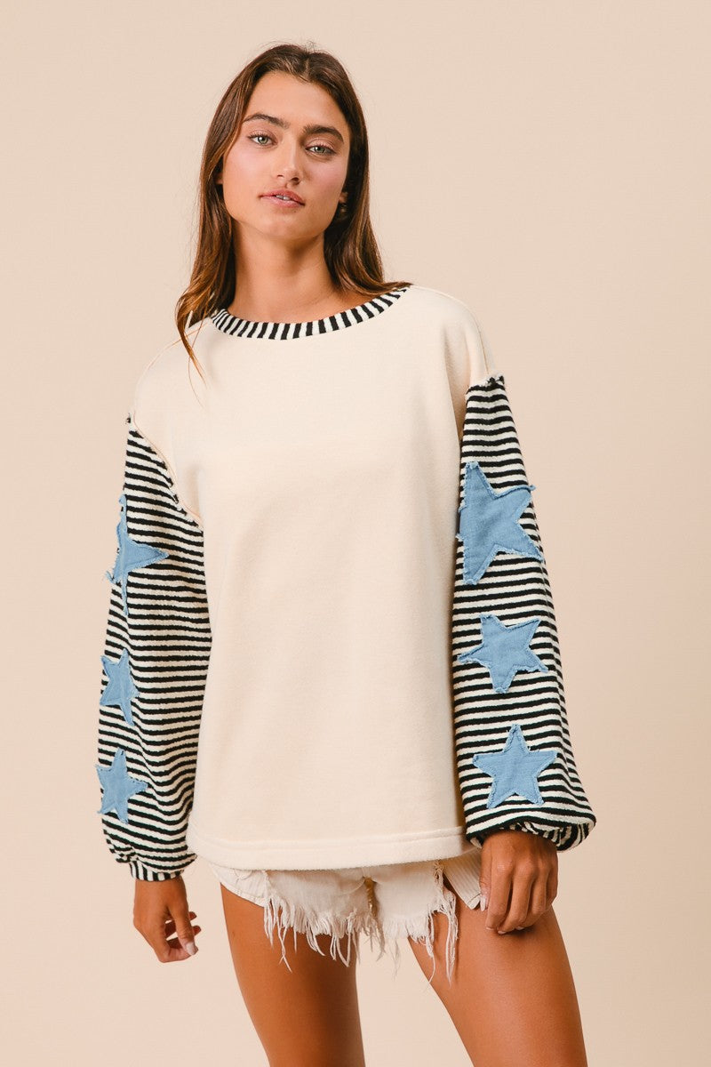 BiBi Solid Color Body Top with Striped Sleeves and Star Patches in Oatmeal