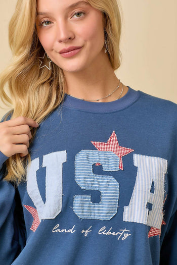 Main Strip OVERSIZED USA Patchwork Top in Dark Blue