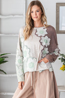 Oli & Hali Contrasting Color Top with Eyelet Lace Flower Patches in Tan