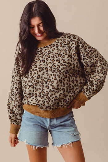 So Me Fuzzy Knit Sweater with Leopard Print in Oatmeal