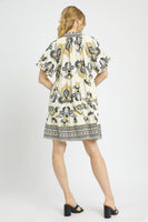 Umgee Boho Print Tiered Mini Dress in Black Mix