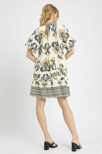 Umgee Boho Print Tiered Mini Dress in Black Mix