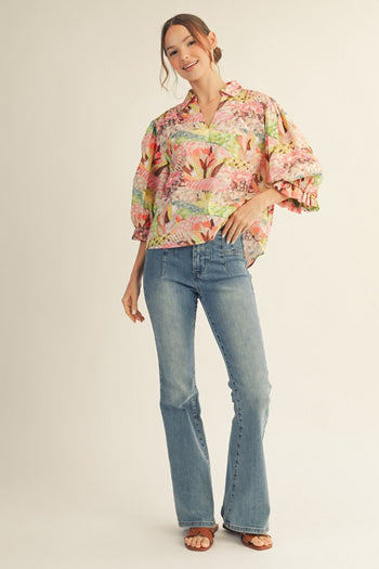 Jodifl Pleated Shoulder Detail Farm Rio Print Top in Pink Mix