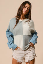 Load image into Gallery viewer, BiBi OVERSIZED Multi Colored Patched Terry Knit Top with Denim Sleeves in Denim/Ivory/Grey
