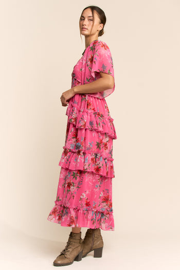 Davi & Dani Floral Printed Ruffled Dress in Orchid Pink