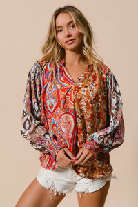 BiBi Mixed Prints Peasant Top in Copper Combo