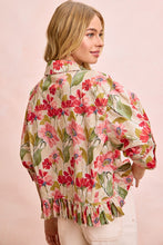 Load image into Gallery viewer, BiBi Floral Print Ruffled Hem Button-Up Quarter Sleeve Top in Floral
