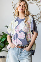 Oli & Hali OVERSIZED Mineral Washed Floral Patched Top in Navy