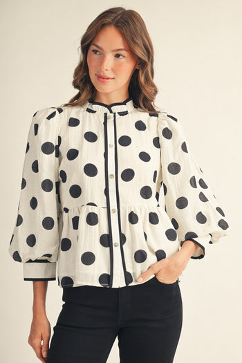 Jodifl Button Down Polka Dot Peplum Top in White