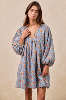 BiBi Washed Denim Floral Print Mini Dress in Denim