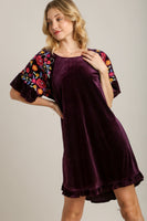 Umgee Velvet Mini Dress with Floral Embroidery in Eggplant