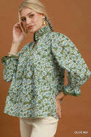 Umgee Mix Floral Print Mandarin Collar Blouse in Olive Mix