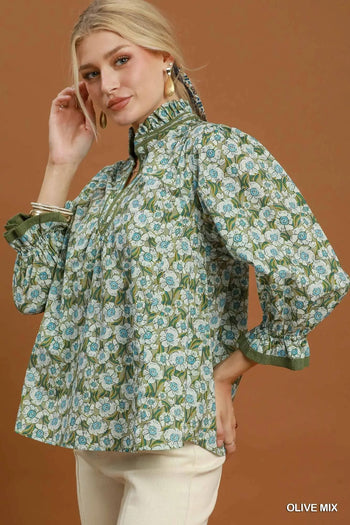 Umgee Mix Floral Print Mandarin Collar Blouse in Olive Mix