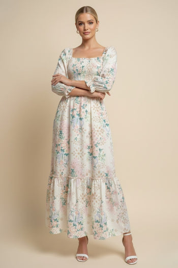 J.nna Floral Print Embroidered Maxi Dress in Spring Bloom