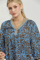 Umgee Mix Abstract Print Balloon Sleeve Blouse in Brown Mix