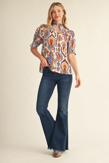 Jodifl Smocking Detail Boho Print Blouse in Off White/Blue