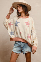 BiBi Solid Color and Floral Print Crinkle Gauze Top with Contrasting Gingham Star Patches in Oatmeal