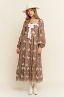 J.nna Flowers & Ribbon Bows Embroidered Maxi Dress in Mocha