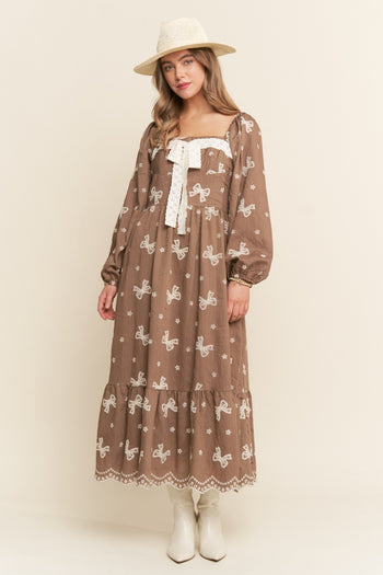 J.nna Flowers & Ribbon Bows Embroidered Maxi Dress in Mocha