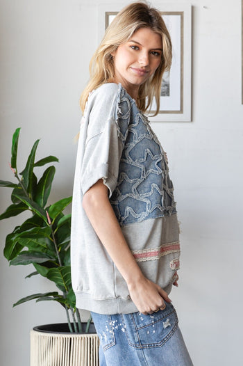 Oli & Hali American Flag Knit Top in Heather Grey