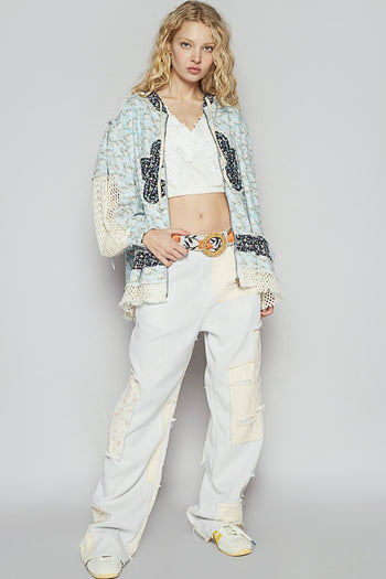 POL Floral Print Twill Jacket with Crochet Details in Baby Blue Floral