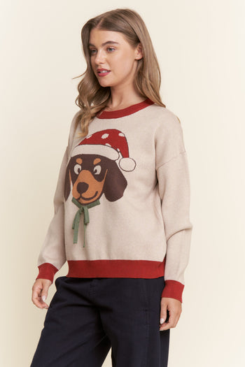 J.nna OVERSIZED Christmas Hat Dachshund Knit Sweater in Oatmeal Red