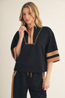 Jodifl Contrast Detail Casual Half Zip Up Top in Black