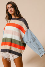 Load image into Gallery viewer, BiBi Cable Knit Multicolored Striped Sweater with Denim Sleeves in Pumpkin Combo
