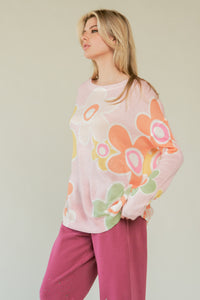 Davi & Dani Multi Color Flower Print Knit Top in Pink Multi