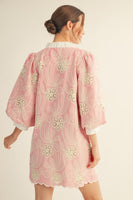 Jodifl Embroidered Pinstripe Ruffle Neck Dress with Lace Detail in Pink