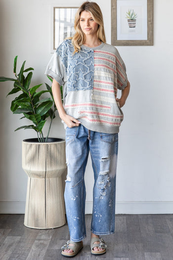 Oli & Hali American Flag Knit Top in Heather Grey