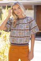 VOY Stripe Ribbed Band Harvest Printed Jacquard Top in Grey