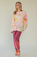 Davi & Dani Multi Color Flower Print Knit Top in Pink Multi