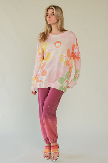 Davi & Dani Multi Color Flower Print Knit Top in Pink Multi