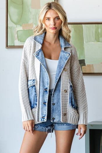 Veveret Denim and Knit jacket in Cream/Denim