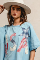 BiBi Oversized Knit Top with Mix n Match USA Patchwork in Light Denim