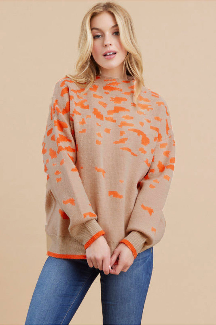Jodifl Abstract Print Mock Neck Sweater in Orange/Taupe – June Adel