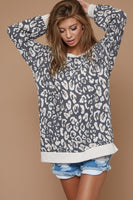 BiBi Lightweight French Terry Leopard Print Top in Taupe Band