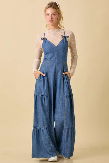 Main Strip Fitted Jumpsuit with Wide Legs in Denim