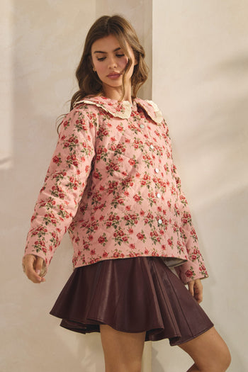 LovLov Vintage Quilted Floral Sailor Jacket in Floral Mauve