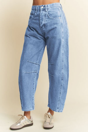 Davi & Dani Mid Rise Denim Barrell Jeans in Light Blue Denim