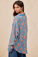 Load image into Gallery viewer, BiBi Floral Print Waffle Thermal Knit Shacket in Floral Denim
