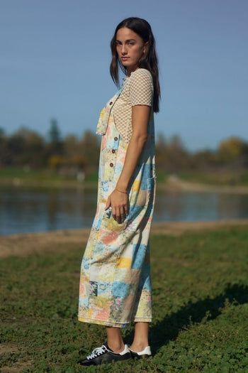 Davi & Dani Flower Patchwork Print Overall in Patchwork Denim