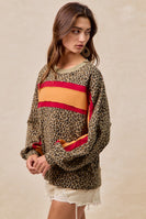 BiBi French Terry Leopard Print Top with Contrasting Color Block Stripes in Red/Pumpkin