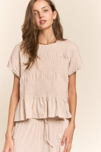 J.nna Solid Color Smocked Top in Light Beige